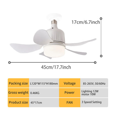 LED Socket Fan Light with Remote - Compact 17.7in Ceiling Fan with LED Light for Kitchen, Bedroom, Small Rooms