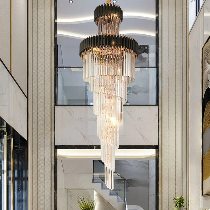 Large Top Long Crystal LED Chandeliers - Hotel Hall Living Room Luxury Multi-layer Staircase Lighting, Black Stainless Steel Light