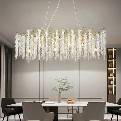 European Style Long Ceiling Chandelier - Crystal Branch Design Dining Room Lighting with Aluminum Luxury Tassel Glass Round Chandeliers