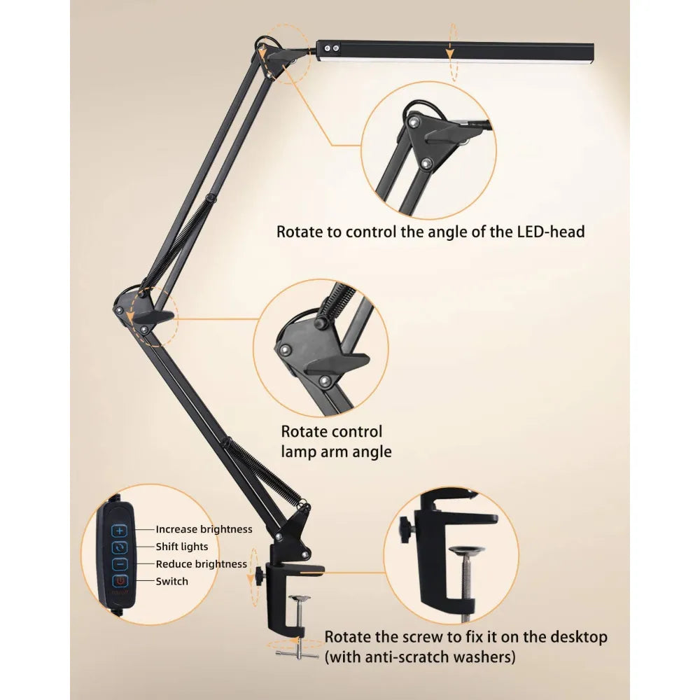 Modern LED Swing Arm Desk Lamp with Clamp - Dimmable Eye-Caring Light