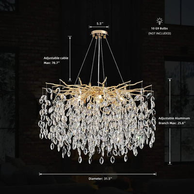 Modern Round Crystal Chandelier - Gold Luxury Ceiling Pendant Light Fixture, Tree Branch Design for Dining