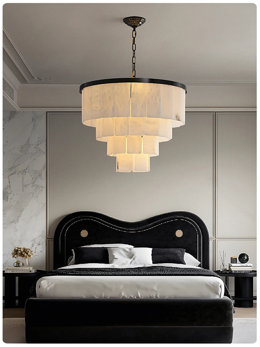 Postmodern Luxury All Copper Brushed Black Natural Marble Ceiling Chandelier 2024 Home Decor Gold Stone Hanging Lamps Lustres