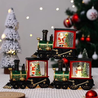 Santa Claus Snowman Christmas Music Box Train Crystal Ball Ornament with Sequins and LED Light for Holiday Home Decoration
