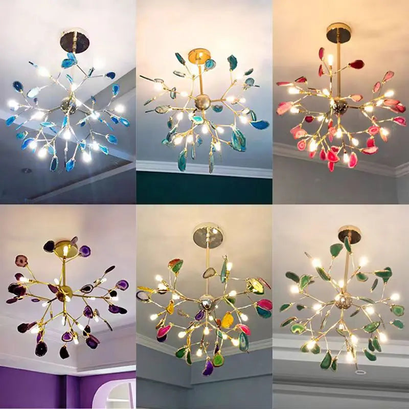 Natural Agate Chandelier LED Lighting for Foyer Restaurant Bedroom, Colorful Green Blue Red Purple Pink, Adjustable Cord, G4 Bulbs Included