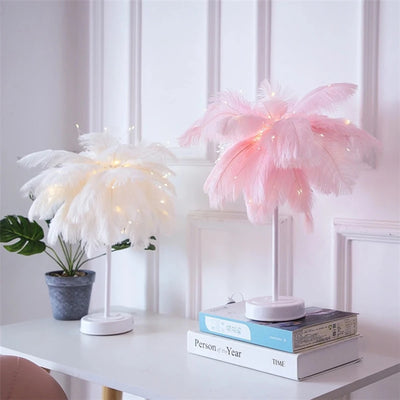 LED Feather Table Lamp Night Light USB Operated Remote Control Bedside Lamps