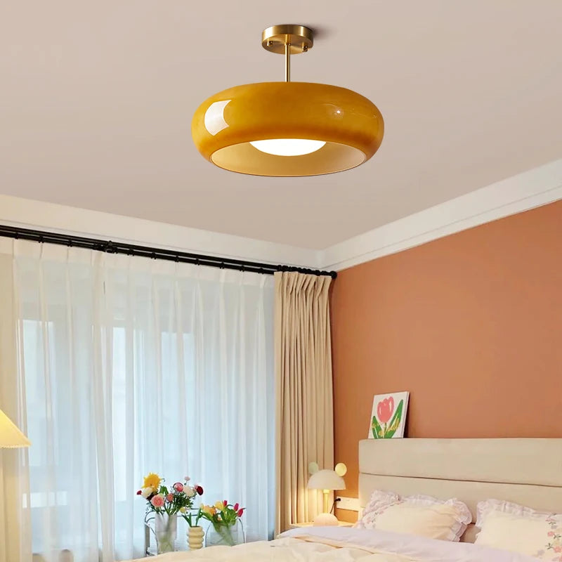 Nordic Modern Yellow Glass LED Pendant Light – 40W Copper Fixture for Bedrooms and Living Rooms