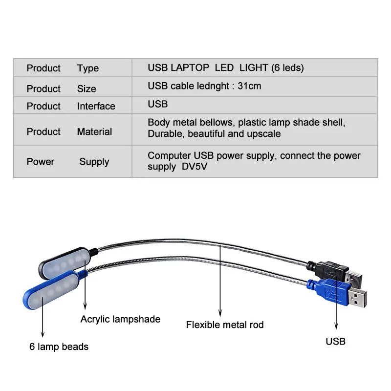 Portable USB LED Mini Book Light - Flexible 6 LEDs for Power Bank, Laptop, Notebook, PC