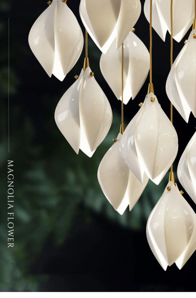 Modern Magnolia Long Pendant Light Ceramic LED for Staircase, Living Room, Dining Room, and Bedroom