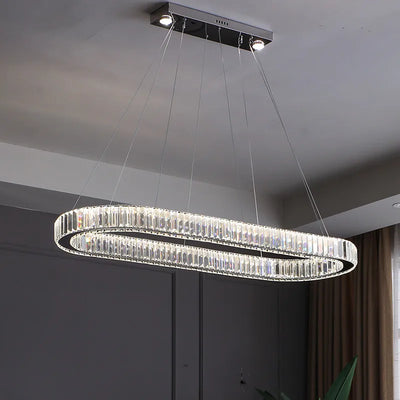 Modern Dimmable LED Pendant Light with Remote Control - Shiny Steel and K9 Crystal Droplight for Dining Table