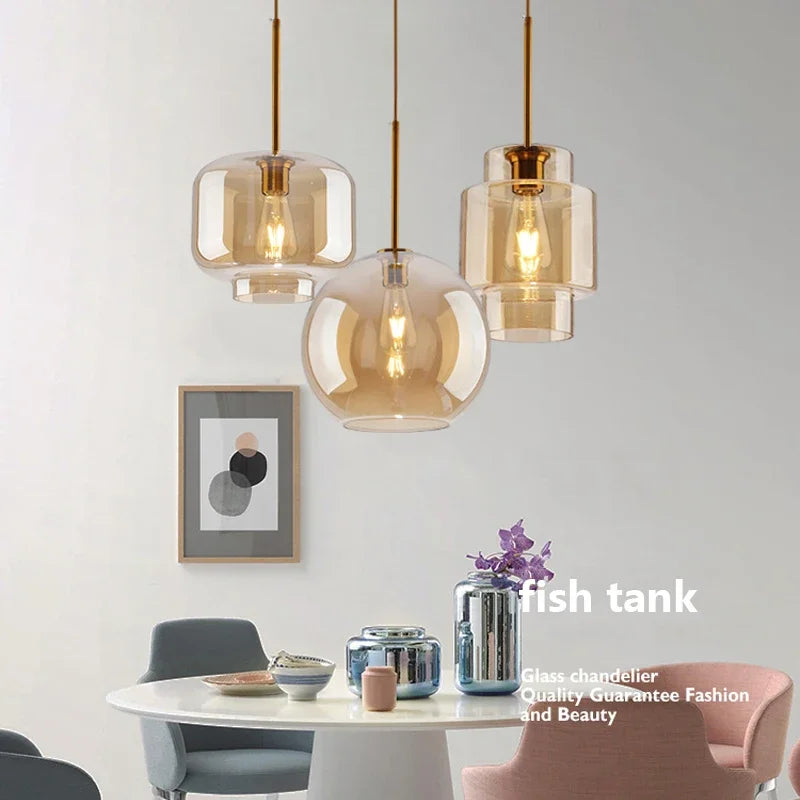 Nordic Amber Glass Pendant Lamp - Stylish LED Hanging Light Fixture for Dining Room, Kitchen, and More