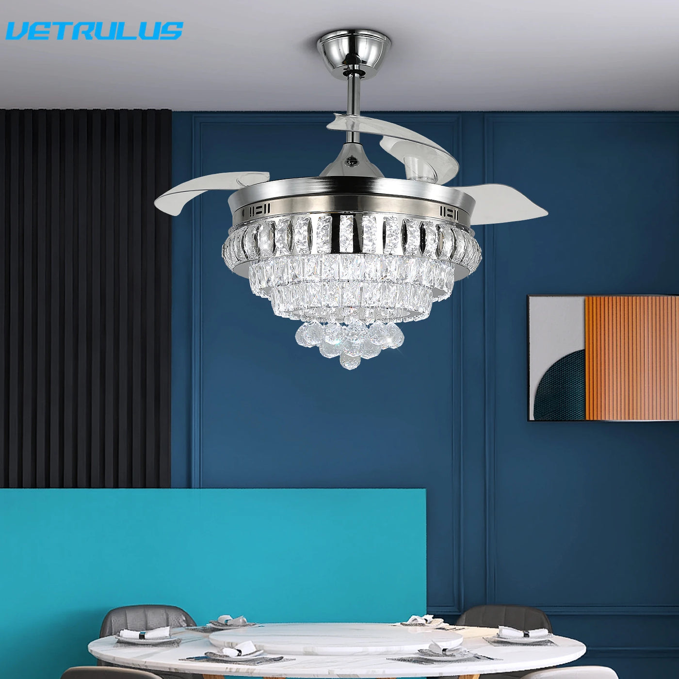 Modern Crystal Ceiling Fan with LED Light and Remote Control for Living and Dining Rooms with Intelligent BLDC Technology