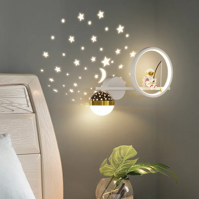 Modern Wall-Mounted Nordic Star Astronaut Projector Wall Lamp for Kids Room and Study Spaces