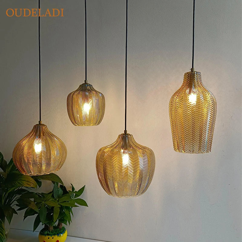 Nordic Pendant Lights - Amber Glass Hanging Lamp for Kitchen and Bedroom