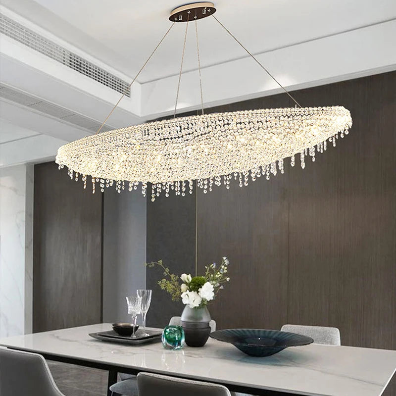 Postmodern Designer Oval Crystal Ceiling Chandeliers Chrome Home Decor Pendant Lighting Fixture Hanging Lamps for Ceiling LED