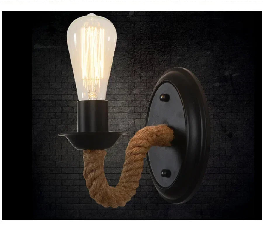 Rustic Wood Wall Lamp: Hemp Rope Sconce for Bedroom, Dining, or Hallway Décor