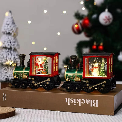Santa Claus Snowman Christmas Music Box Train Crystal Ball Ornament with Sequins and LED Light for Holiday Home Decoration