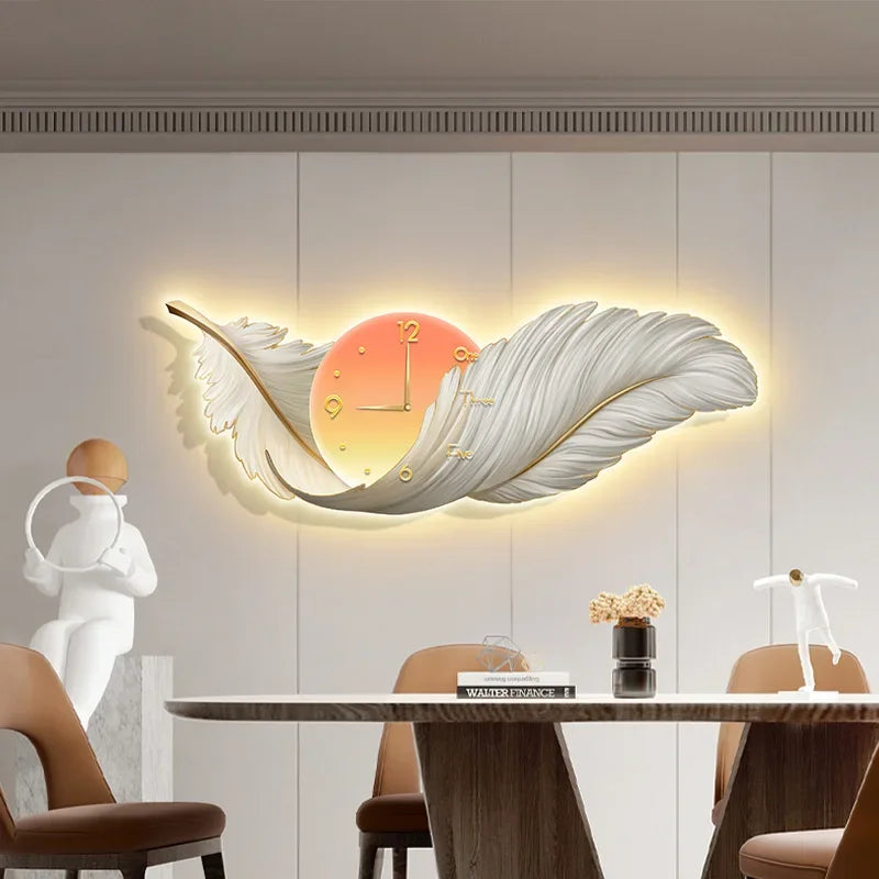 Creative LED Clock Wall Lamp - Elegant Feather Design for Living Room and Bedroom Decor