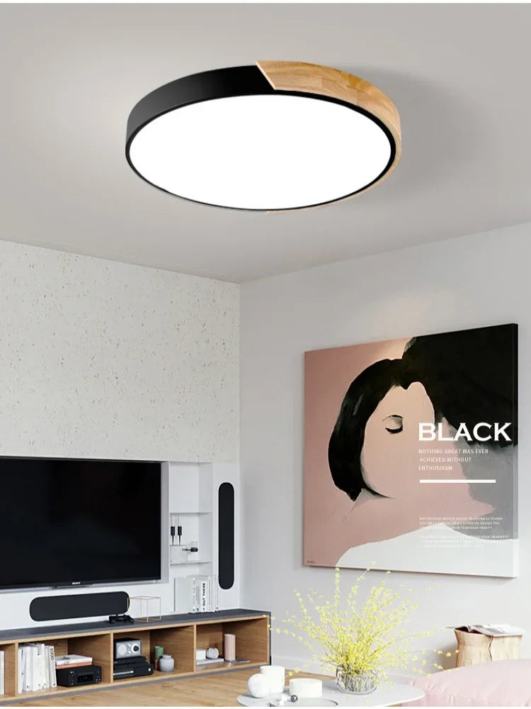 LED Nordic Circular Wooden Edge Ceiling Light – Modern Minimalist Lighting for Bedrooms and Kitchens