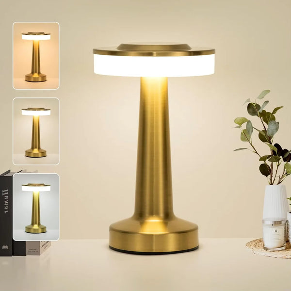 Gold Retro Rechargeable LED Table Lamp – Touch Dimmable Cordless Desk Light for Restaurant, Bar & Bedroom
