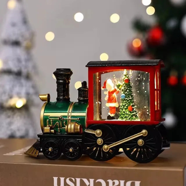 Santa Claus Snowman Christmas Music Box Train Crystal Ball Ornament with Sequins and LED Light for Holiday Home Decoration