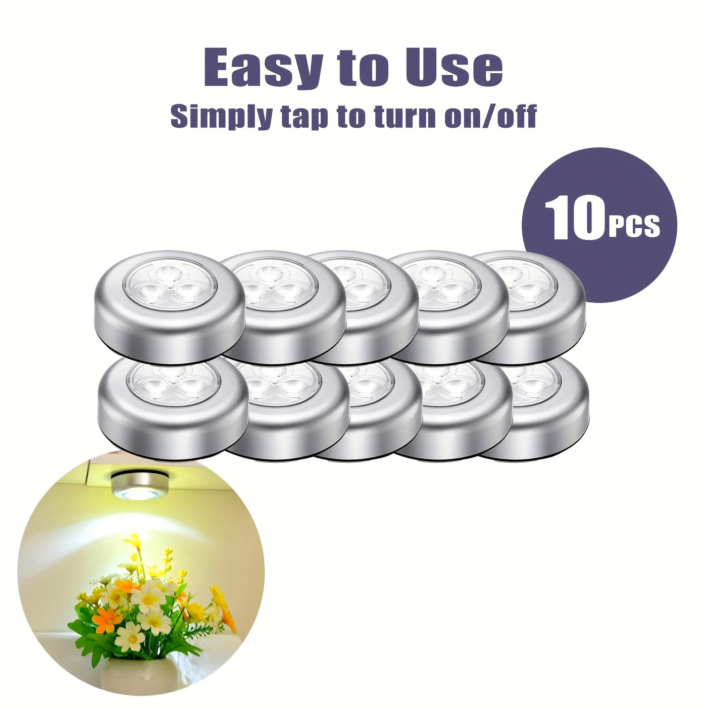 1/4/10 Pcs Mini LED Push Night Light – Self-Adhesive Battery-Powered Tap Light for Closet, Stairs, Hallway