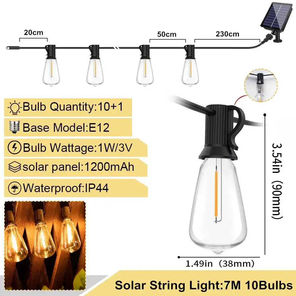 ST38 Solar & USB Outdoor String Lights – Edison Bulbs, 7M–22.5M – Eco ...