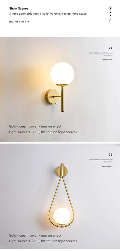 Modern Wall Light with Glass Shade - Semi Flush Mount, Gold Iron Spherical Wall Lamp for Bedroom