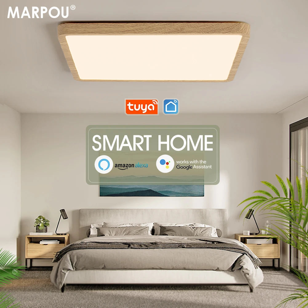 MARPOU Smart LED Ceiling Lamp - Wood Grain Square Ceiling Light with App & Voice Control for Living Room