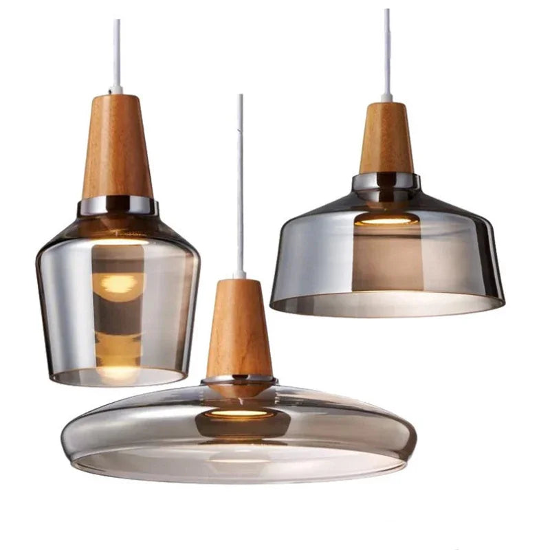 Retro Charm: Glass Pendant Lights with Modern Wood Accent for Vintage Elegance