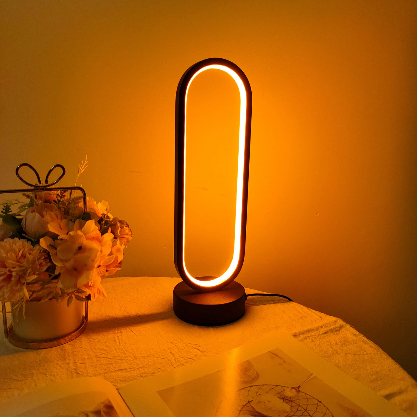 Three-Color Dimming LED Ring Table Lamp - Bedside Night Light for Bedroom and Living Room