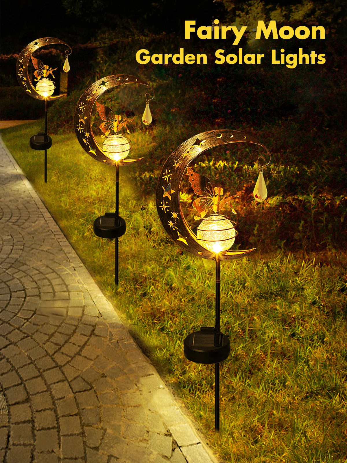 Moon Fairy Garden Solar Stake Lights Outdoor Crackle Glass Globe with Metal Angle Stake Decoration