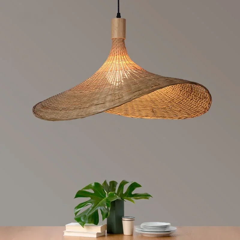 Chic Chinese Bamboo Chandelier: Hand-Woven Rattan Tea Room Lamp with Creative Straw Hat Design