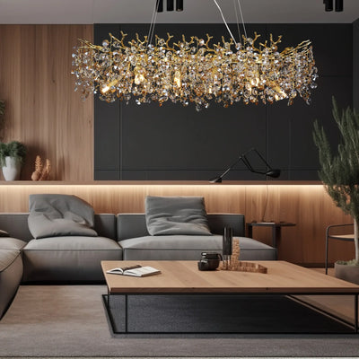 Long Crystal Chandelier - Dining Room Gold Restaurant Island Hanging Light Fixture, Silver Nordic LED Chandelier Large