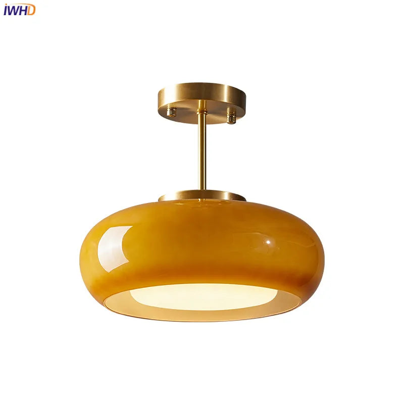 Nordic Modern Yellow Glass LED Pendant Light – 40W Copper Fixture for Bedrooms and Living Rooms