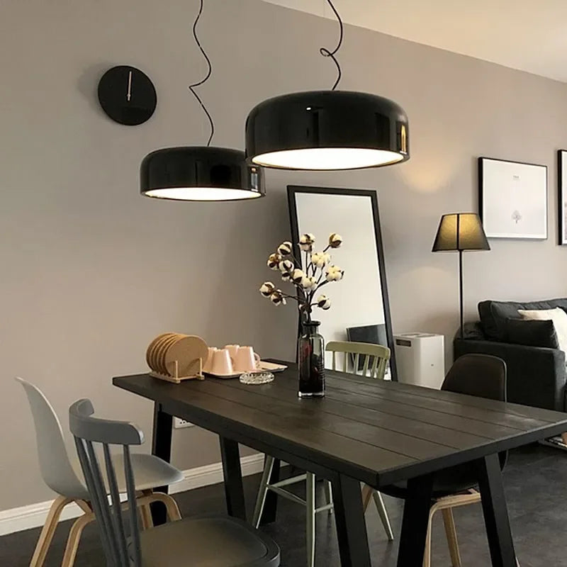 Round Hanging Suspension Light Modern White and Black Metal Pendant Light for Dining Room,Glossy