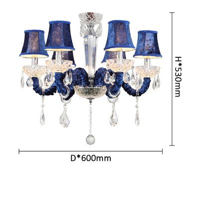 Deluxe Retro Blue Crystal Chandelier with Noble Purple Flannelette Shade - LED 6 Head Pendant Lamp for Villa and Wedding Lobbies