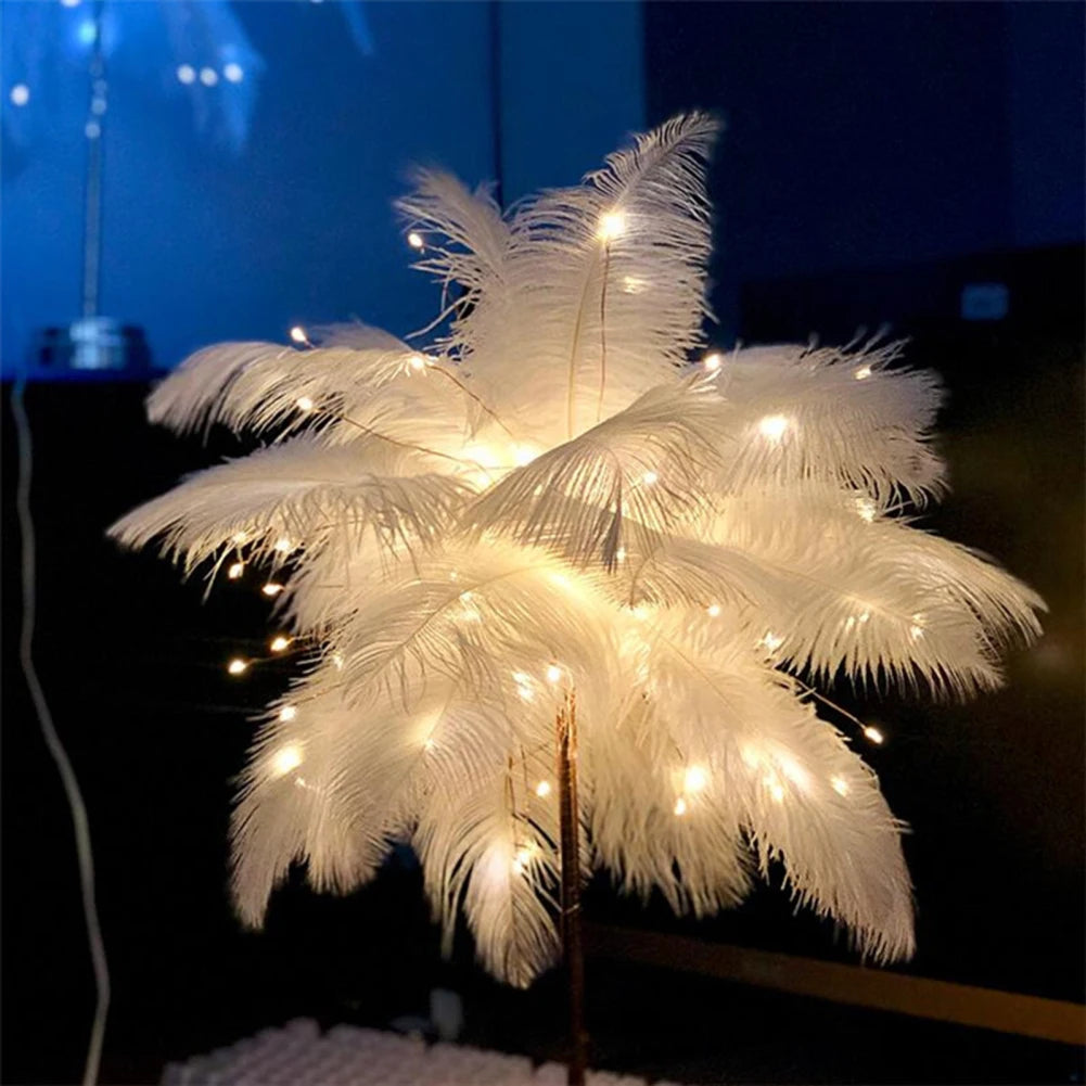 LED Feather Table Lamp Night Light USB Operated Remote Control Bedside Lamps