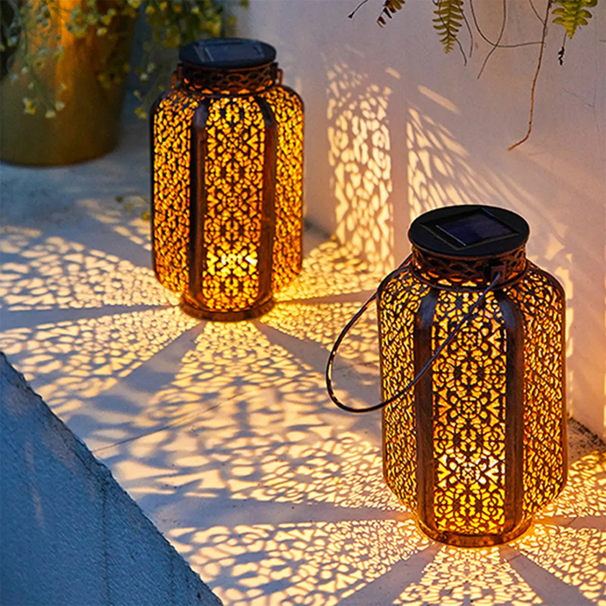 LED Solar Hanging Lantern: Retro Iron Art Decorative Vintage Pathway Lamp. Outdoor Metal Hollow Light