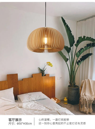 Modern Wood Pumpkin Pendant Light – Handcrafted Hanging Lamp for Dining and Bedroom