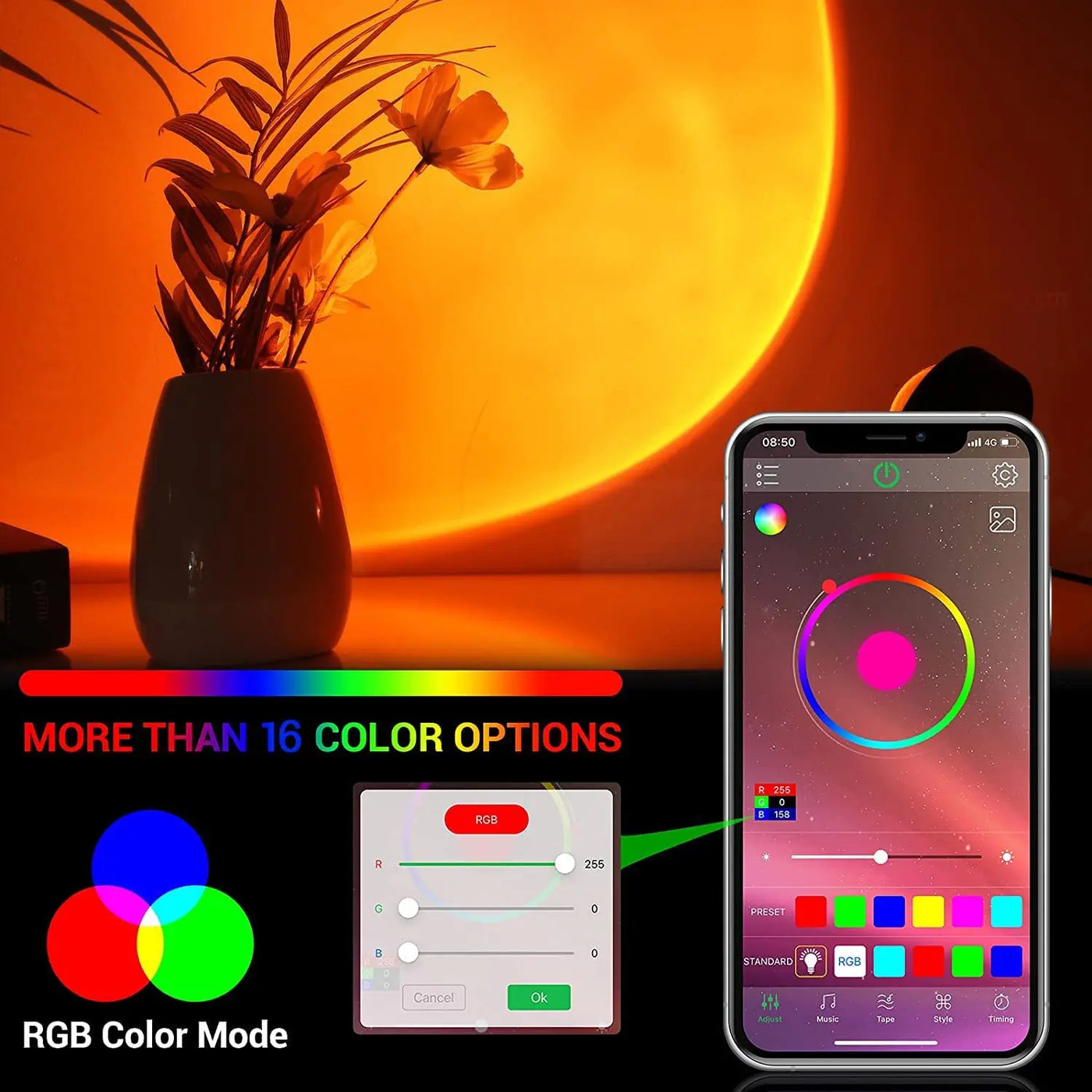 Smart Bluetooth Rainbow Sunset Projector Table Lamp - Home and Coffee Shop Background Wall Decoration Atmosphere