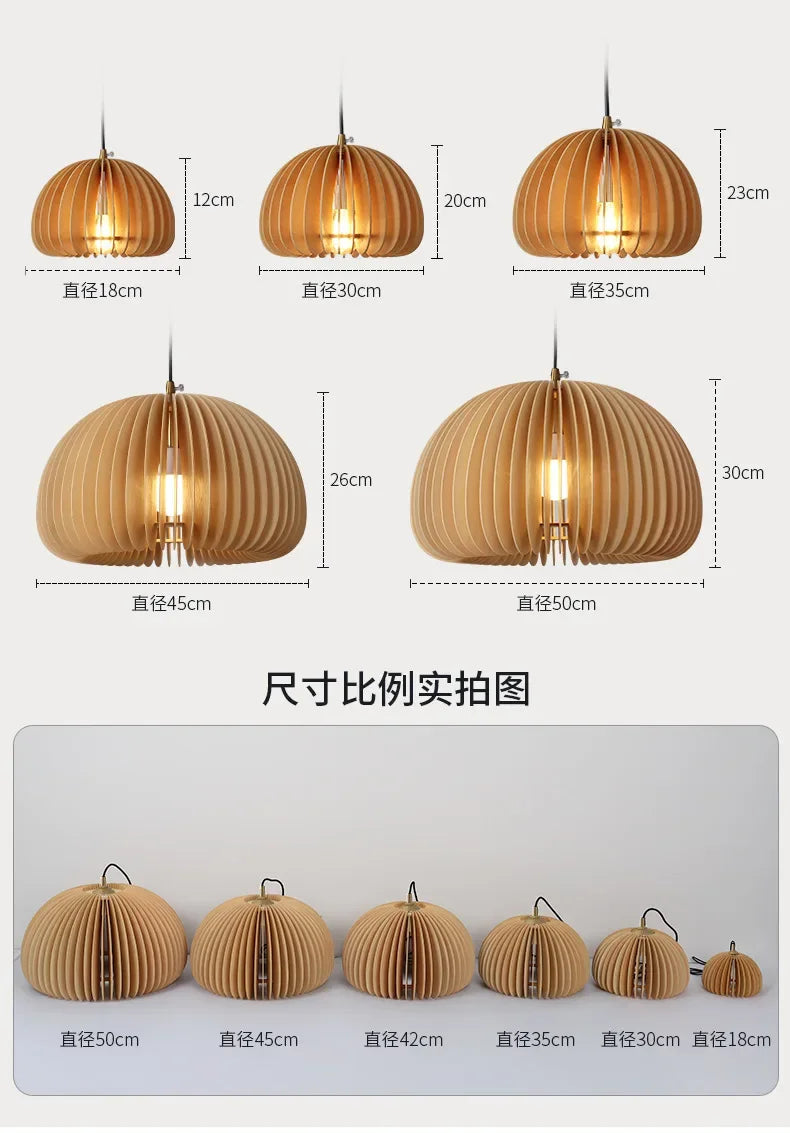 Modern Wood Pumpkin Pendant Light – Handcrafted Hanging Lamp for Dining and Bedroom