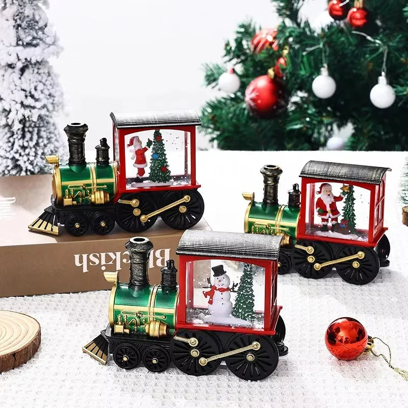 Santa Claus Snowman Christmas Music Box Train Crystal Ball Ornament with Sequins and LED Light for Holiday Home Decoration