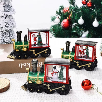 Santa Claus Snowman Christmas Music Box Train Crystal Ball Ornament with Sequins and LED Light for Holiday Home Decoration