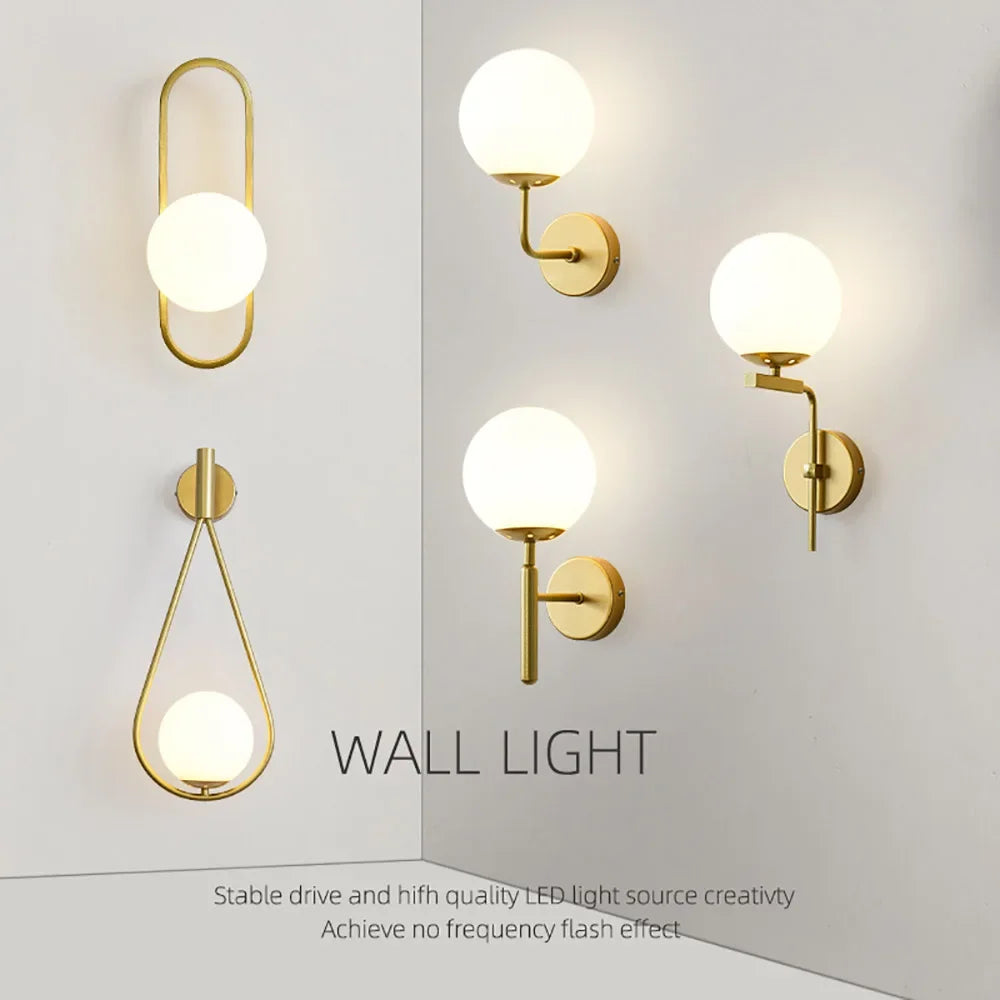 Modern Wall Light with Glass Shade - Semi Flush Mount, Gold Iron Spherical Wall Lamp for Bedroom