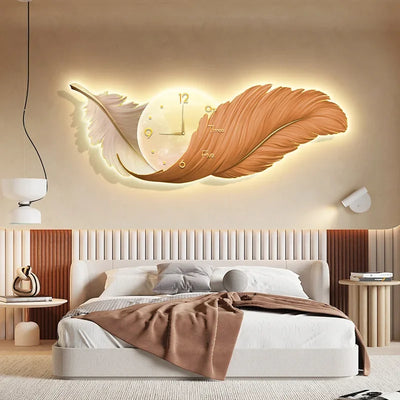 Creative LED Clock Wall Lamp - Elegant Feather Design for Living Room and Bedroom Decor