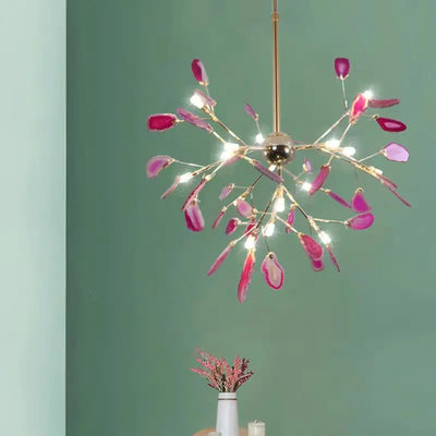 Natural Agate Chandelier LED Lighting for Foyer Restaurant Bedroom, Colorful Green Blue Red Purple Pink, Adjustable Cord, G4 Bulbs Included