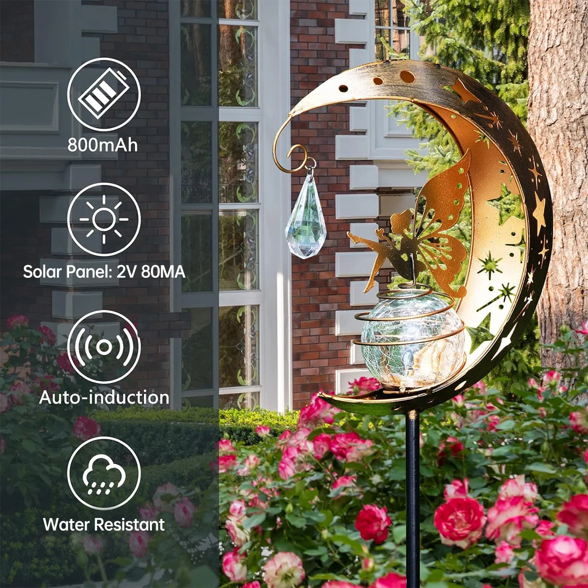 Moon Fairy Garden Solar Stake Lights Outdoor Crackle Glass Globe with Metal Angle Stake Decoration