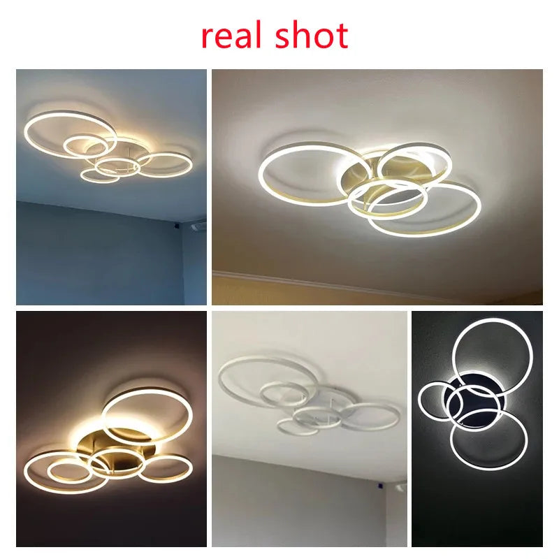 Modern 5 Ring LED Ceiling Chandelier Black, Gold, or White for Living Room, Bedroom, and Home Design Lighting