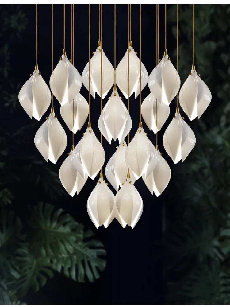 Modern Magnolia Long Pendant Light Ceramic LED for Staircase, Living Room, Dining Room, and Bedroom