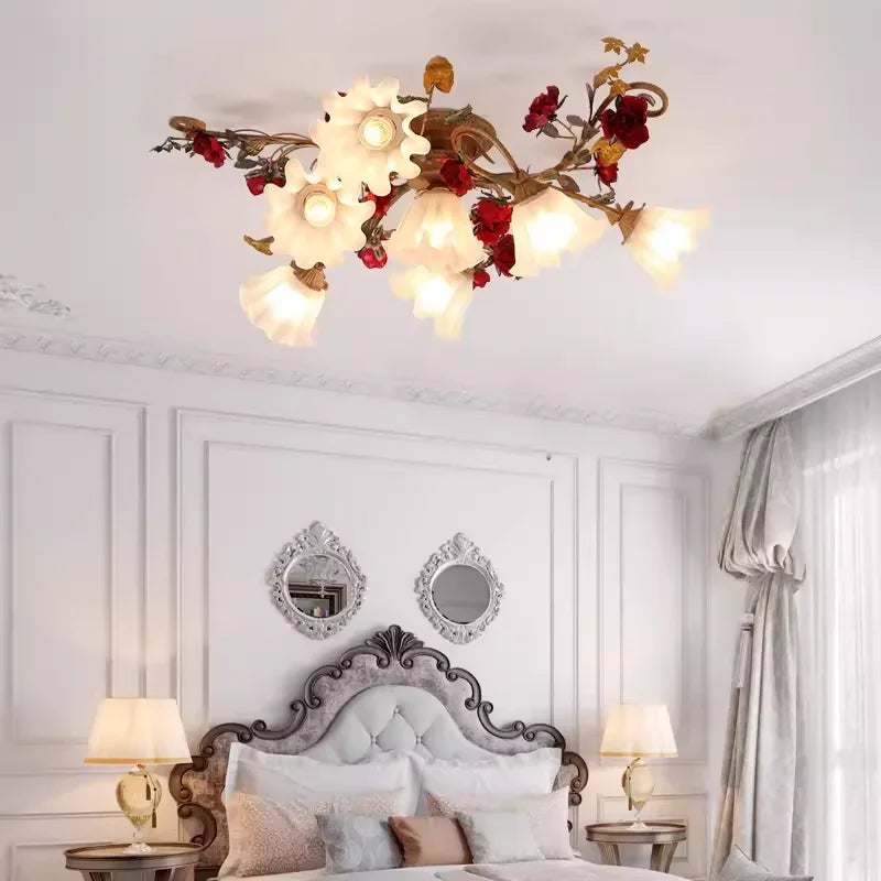 Warm Romantic Retro LED Ceiling Lamp - American Pastoral Flower Chandelier for Living Room Bedroom